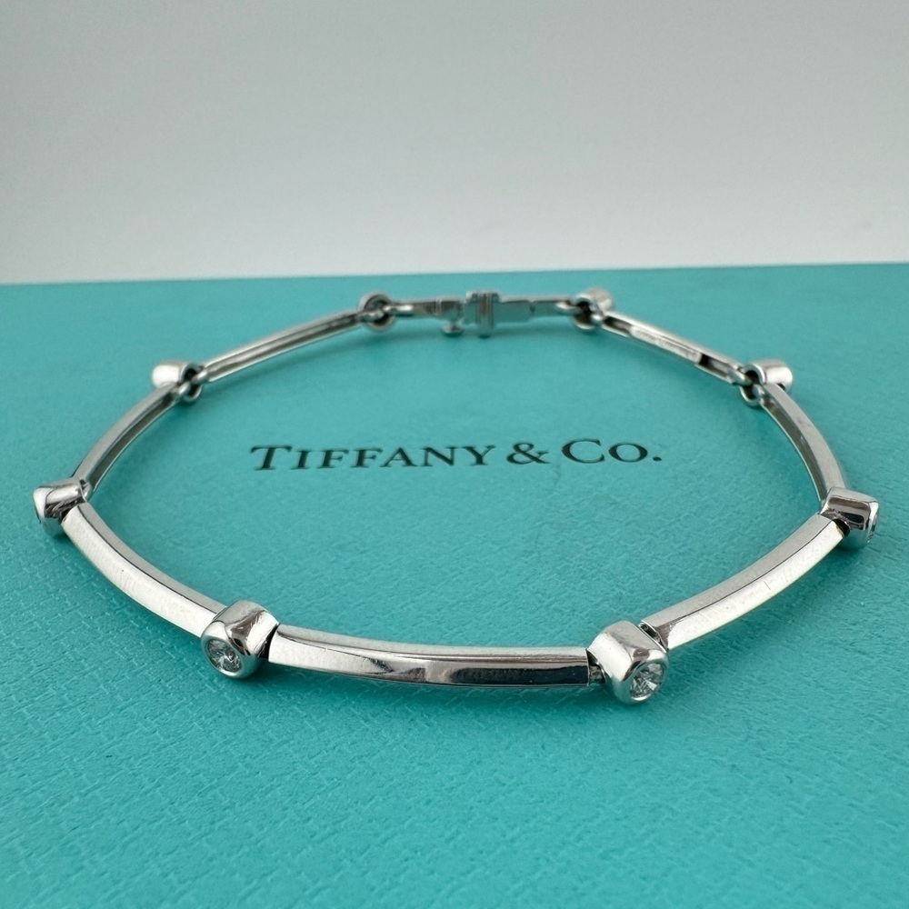 RARE Vtg. Tiffany & Co. Platinum Knife Cut Diamond Bezel Station Bracelet